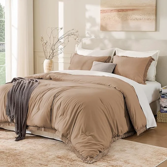 Versatile Andency Taupe Comforter Set California King 3 Pieces Boho Tassel Lightweight Premium Material