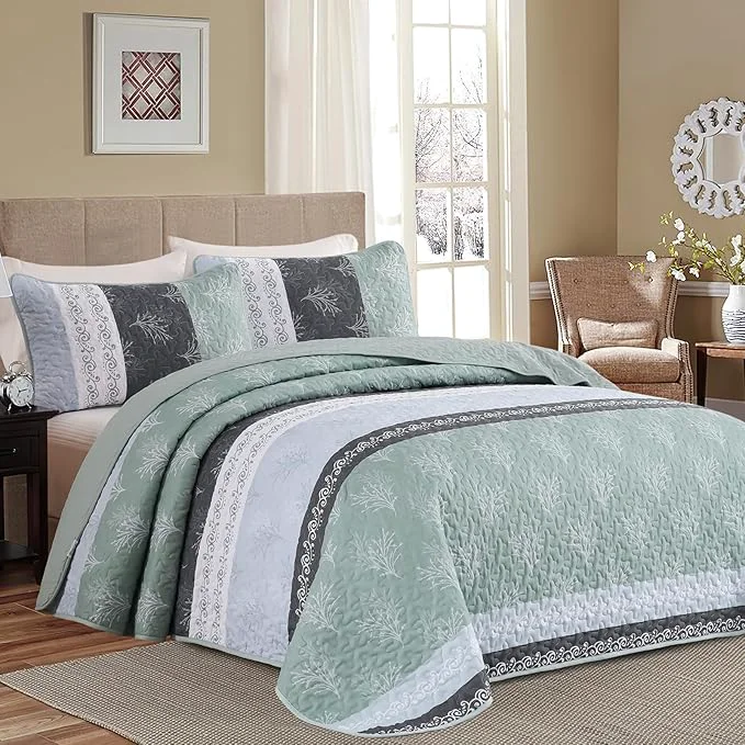 Easy-to-Use DJY Stripe Quilt Set Queen Size Sage Green Bedspread Coverlet Set 3 Pieces Boho Smooth