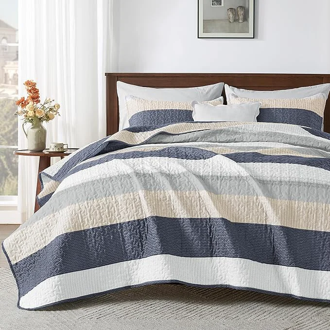 Stylish Andency King Size Quilt Set Yellow Blue 3 Pieces Summer Ultra Soft Lightweight Efficient