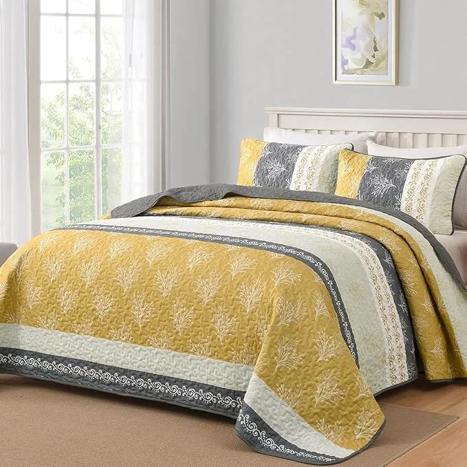 Soft DJY Yellow Boho Quilt Set King Size Striped Floral Yellow and Grey Bedspread Fine Crafted