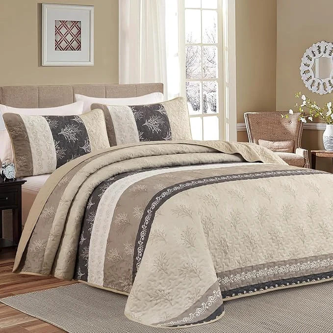Safe DJY Beige Quilt Set King Size Striped Bedspread Coverlet Set 3 Pieces Boho Elegant