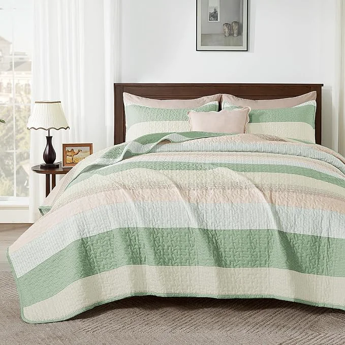 Detailed Andency King Size Quilt Set Mint Pink 3 Pieces Summer Ultra Soft Lightweight
