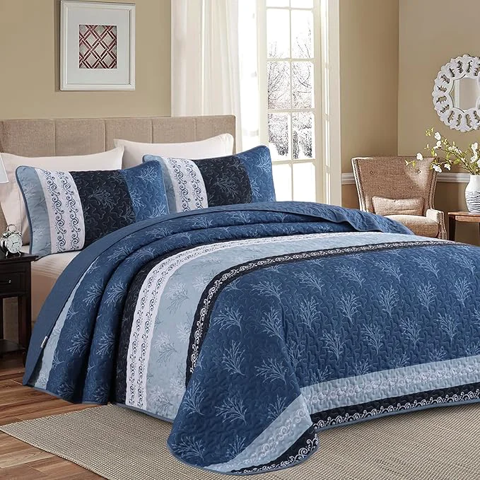 Solid DJY Stripe Quilt Set Queen Size Blue Bedspread Coverlet Set 3 Pieces Boho Responsible