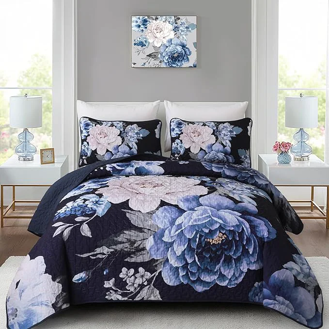 Trendy WONGS BEDDING Navy Boho Floral Quilt Set King 3 Pieces Elegant Blue Flower Selected