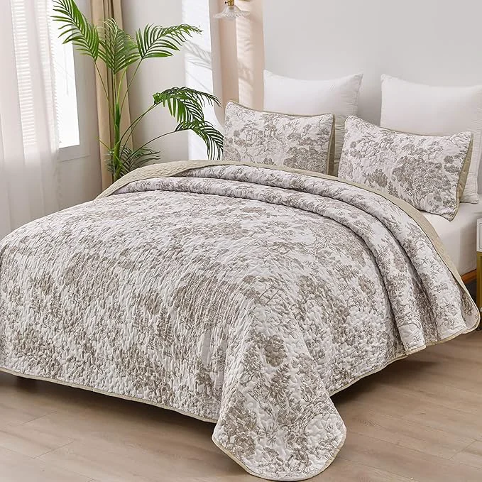 Genuine WONGS BEDDING Botanical Quilt Set King Floral 3 Pieces Khaki Plants Printed Advanced