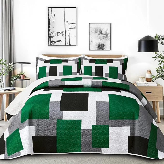 Contemporary Tyrot 3 Piece Green Quilt Set Full Queen Size Green Black White Geometric Refined