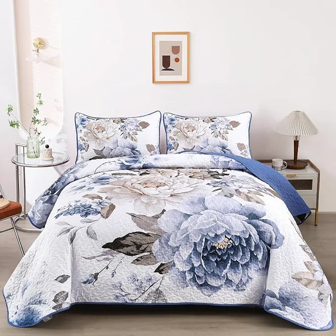 Reusable WONGS BEDDING Floral Quilt Set Blue Full Size 3 Pieces Elegant Botanical Print Expertly Made