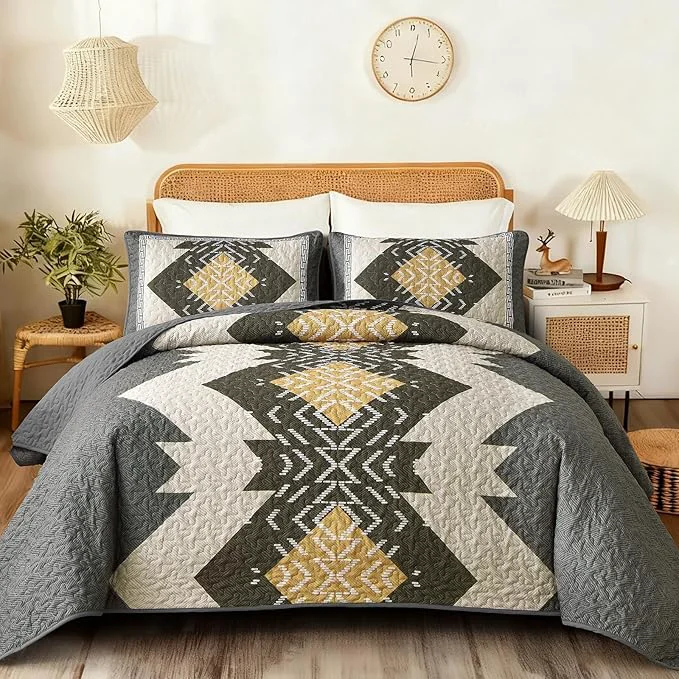 Durable Dintszyayue Boho Quilt Set King Size 3 Pieces Texture Southwestern Gray Detailed