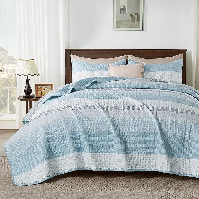 Pure Andency King Size Quilt Set Aqua Blue 3 Pieces Summer Ultra Soft Lightweight High-Performance