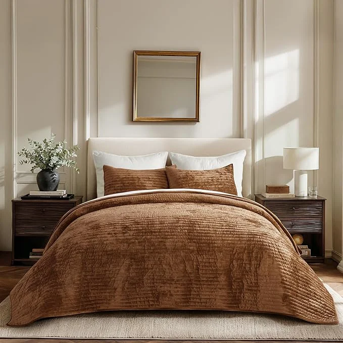 Selected EVERGRACE Velvet Quilt Set King Size Luxurious Soft Striped Channel Bedding Set Crafted