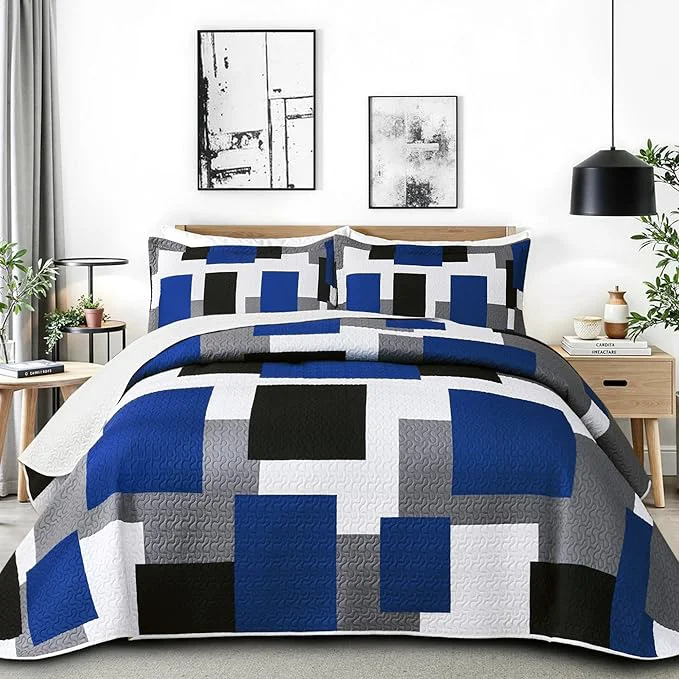 Eco-Friendly Tyrot 2 Piece Blue White Grey Quilt Set Twin Size Black White Geometric Exceptional