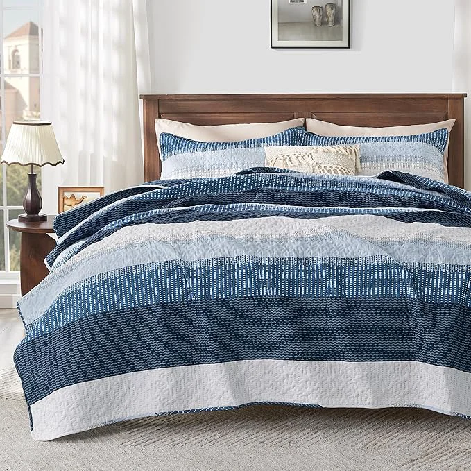 Recyclable Andency Navy Blue Striped Quilt Set Cal King 3 Pieces Patchwork Bedspread Outstanding