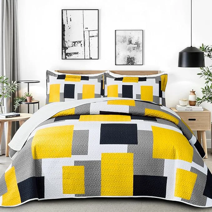 Lightweight Tyrot 2 Piece Yellow Grey Quilt Set Twin Size Yellow Gray White Geometric Natural