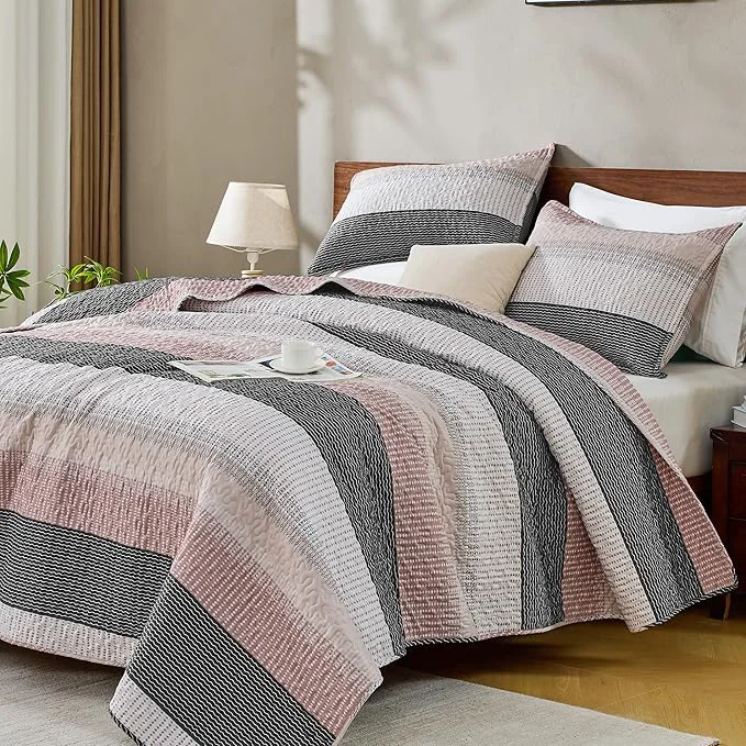 Reliable Andency Queen Quilt Bedding Set Grey Pink 3 Pieces Patchwork Summer Striped Practical
