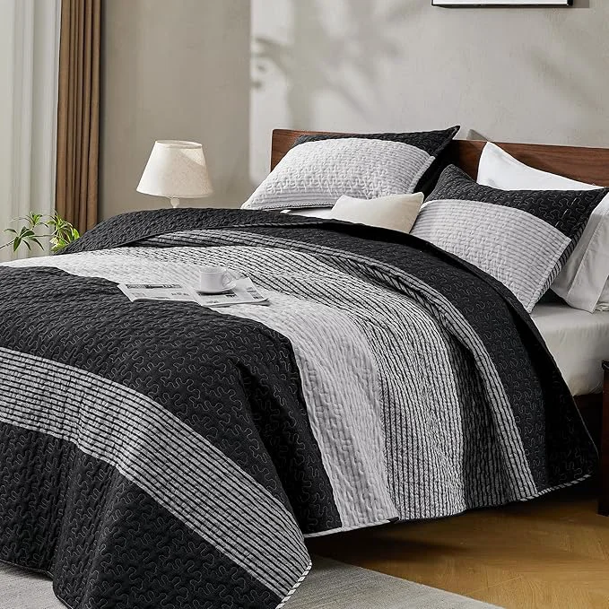 Original Andency Queen Quilt Set Black and White 3 Pieces Grey Striped Ultra Soft Professional
