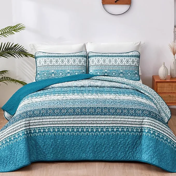 Dependable WONGS BEDDING Boho King Quilt Set Teal and Blue Bohemian Quilt Bedding Set Reliable