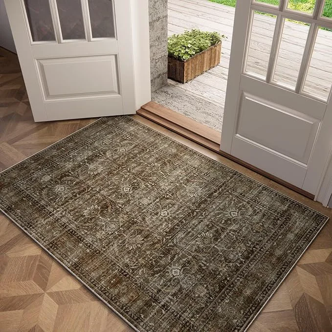 Elegant Washable 3×5 Entryway Rug Boho Non-Slip Vintage Distress Small Rugs Flexible