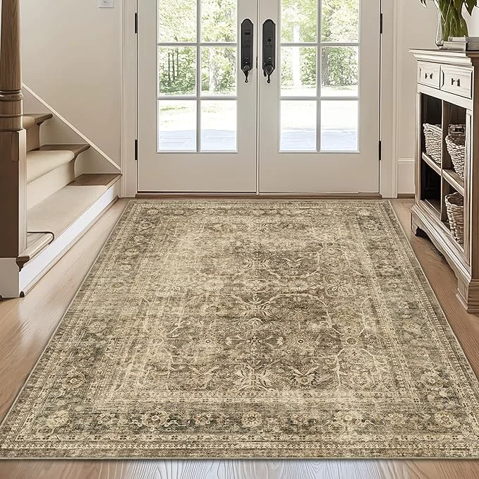 Convenient FMFUNCTEX 3×4 Washable Area Rug Brown Vintage Neutral Non Slip Low Pile High-Grade
