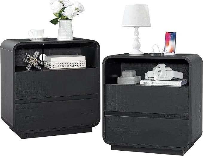 High-Performance Black Curved Nightstand Set of 2 Prestigious