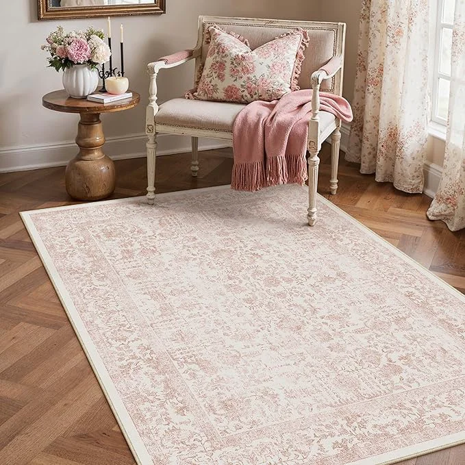 Next-Generation Pink Area Rug 3×5 Office Entryway Rug Machine Washable Kitchen Vintage High-Grade