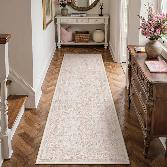 Soft Pink Runner Rug 2×8 Hallway Machine Washable Kitchen Vintage Distressed Non Exclusive