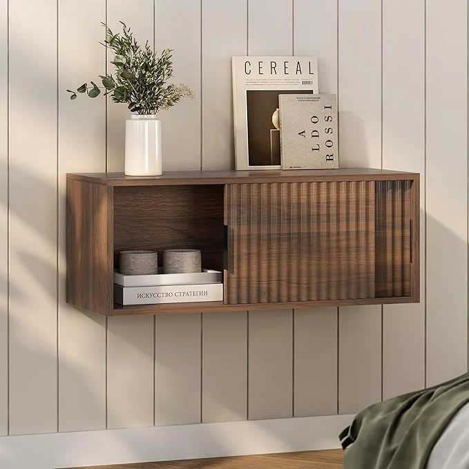 Lightweight Floating Nightstand with Sliding Doors Modern Fluted Large Night Stand Storage High-Quality