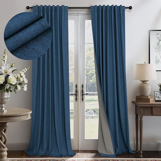 Trusted Navy Blue Black Out Curtains 96 Inches Long 2 Panels Linen Textured Blackout Safe