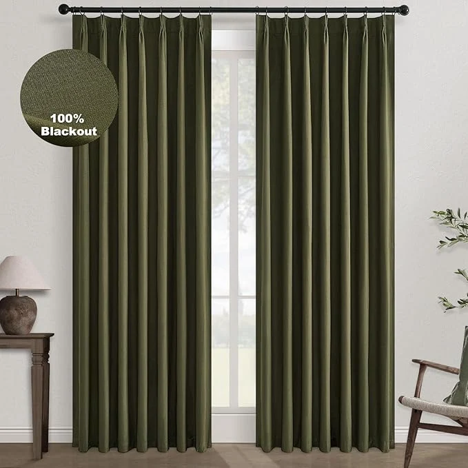 Carefully Designed Topfinel Olive Green 102 Inches Long Custom Blackout Linen Curtains Pinch Sustainable