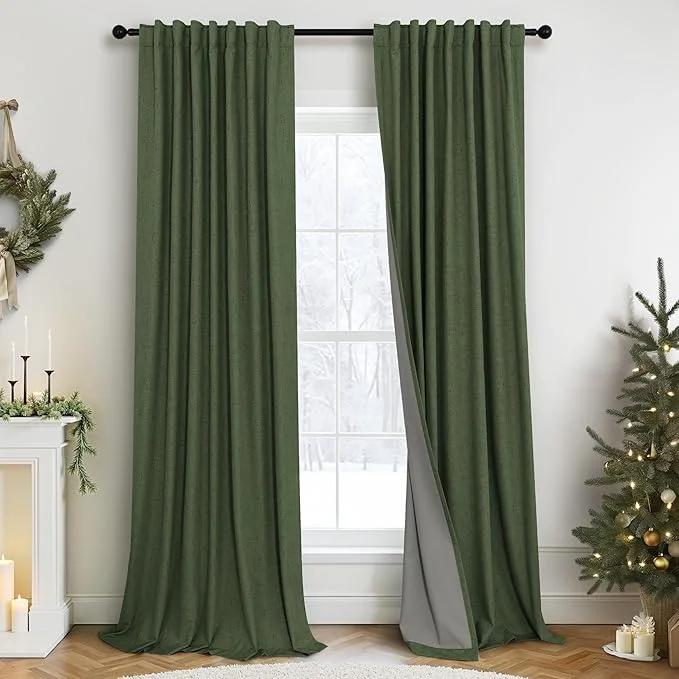 Next-Generation Olive Green Blackout Curtains 84 Inches Long 2 Panels Linen Boho Black Out Dark Original