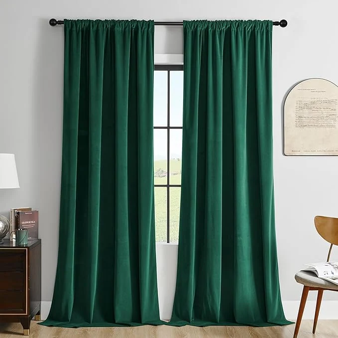 Contemporary Joydeco Dark Green Velvet Curtains 90 inch Length 2 Panels Burg Set Luxury Rod Environmentally Friendly