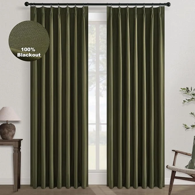 Healthy Topfinel Olive Green 105 Inches Long Custom Black Out Faux Thick Linen Curtains High-Performance