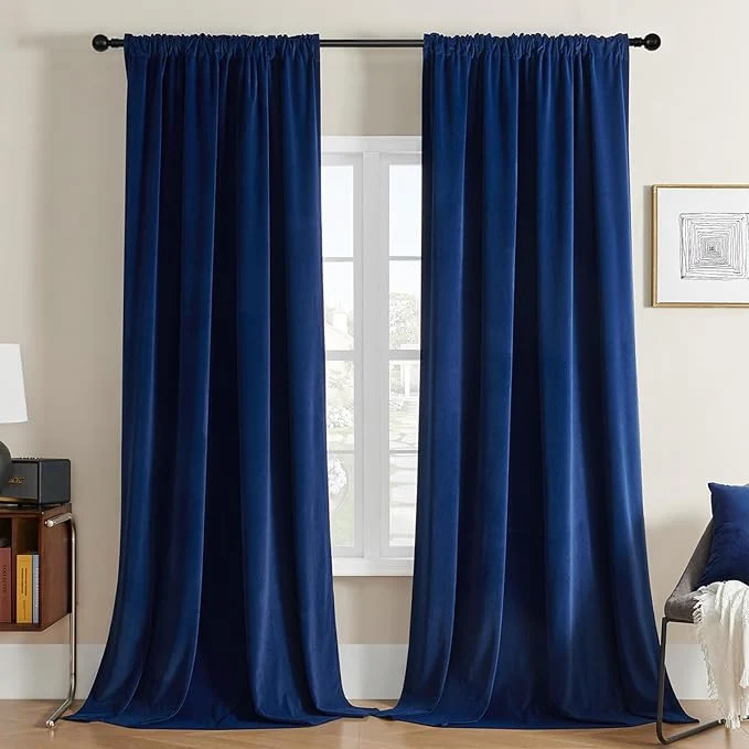 Trusted Joydeco Blue Velvet Curtains 90 inch Length 2 Panels Burg Set Luxury Rod Prestigious