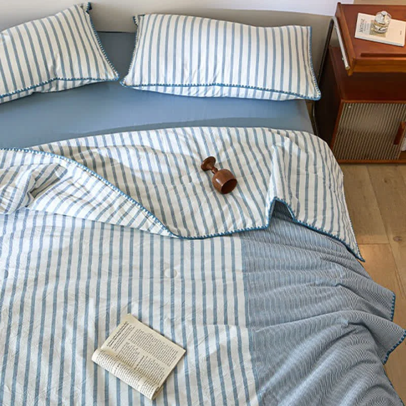 Minimalist Ownkoti Shell Trim Two-Tone Stripe Cotton Bedding Set Innovative
