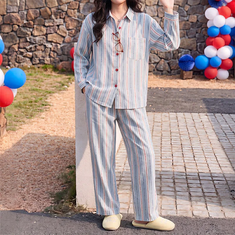 High-Quality Ownkoti Red Accent Blue Stripe Double Gauze Pajamas Original