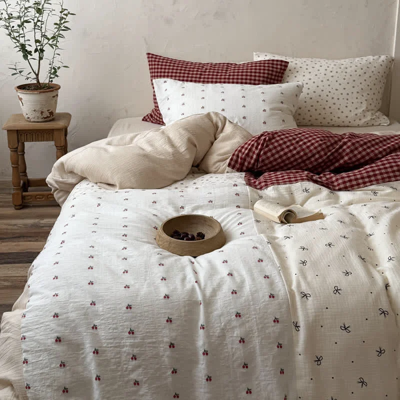 Unique Ownkoti Cherry Gingham Washed Cotton Soft Cozy Bedding Set Original Design