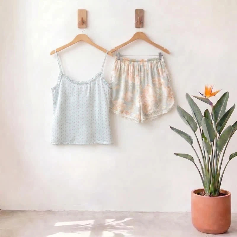 Clean Ownkoti Mint Floral Satin Cami and Shorts Loungewear Set Recyclable