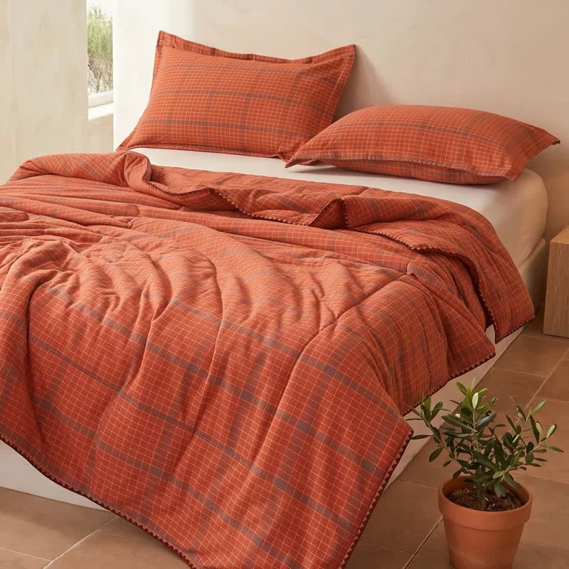 Original Ownkoti Yarn Dyed Orange Plaid Cotton Summer Quilt Stylish