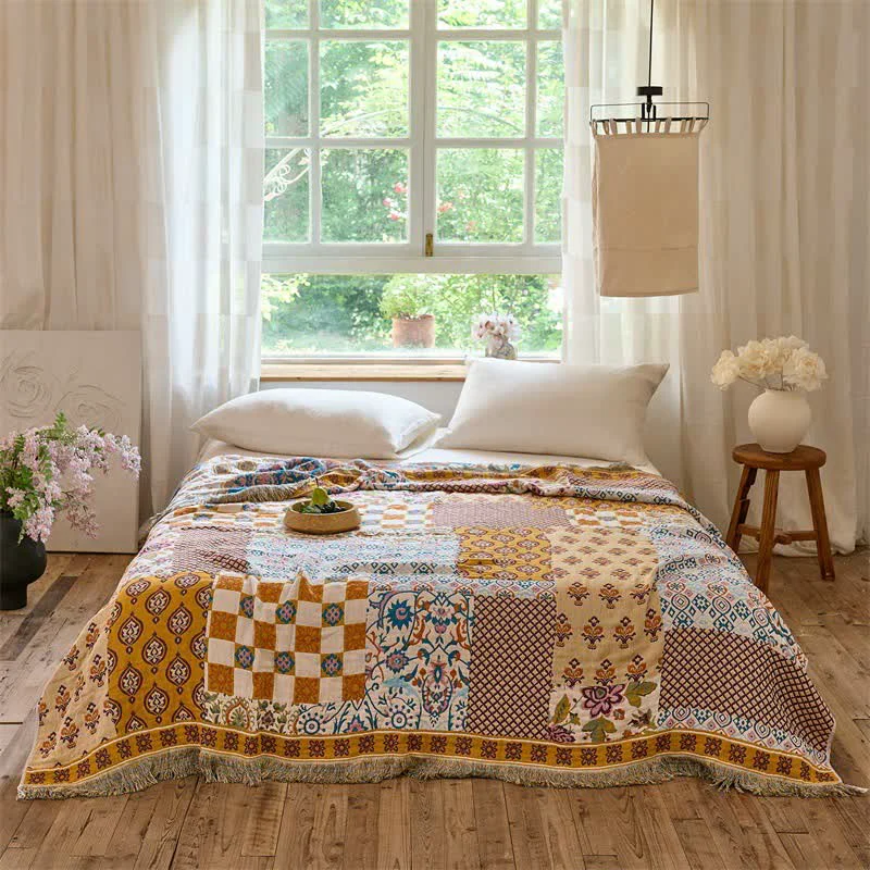 Carefully Designed Ownkoti Reversible Boho Patchwork Muslin Blanket Quilt Exclusive