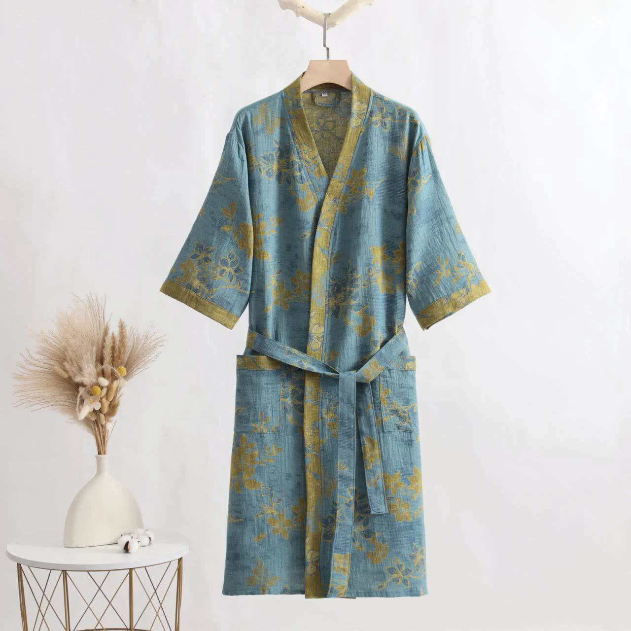 User-Friendly Ownkoti Blue Floral Cotton Gauze Kimono Bathrobe World-Class