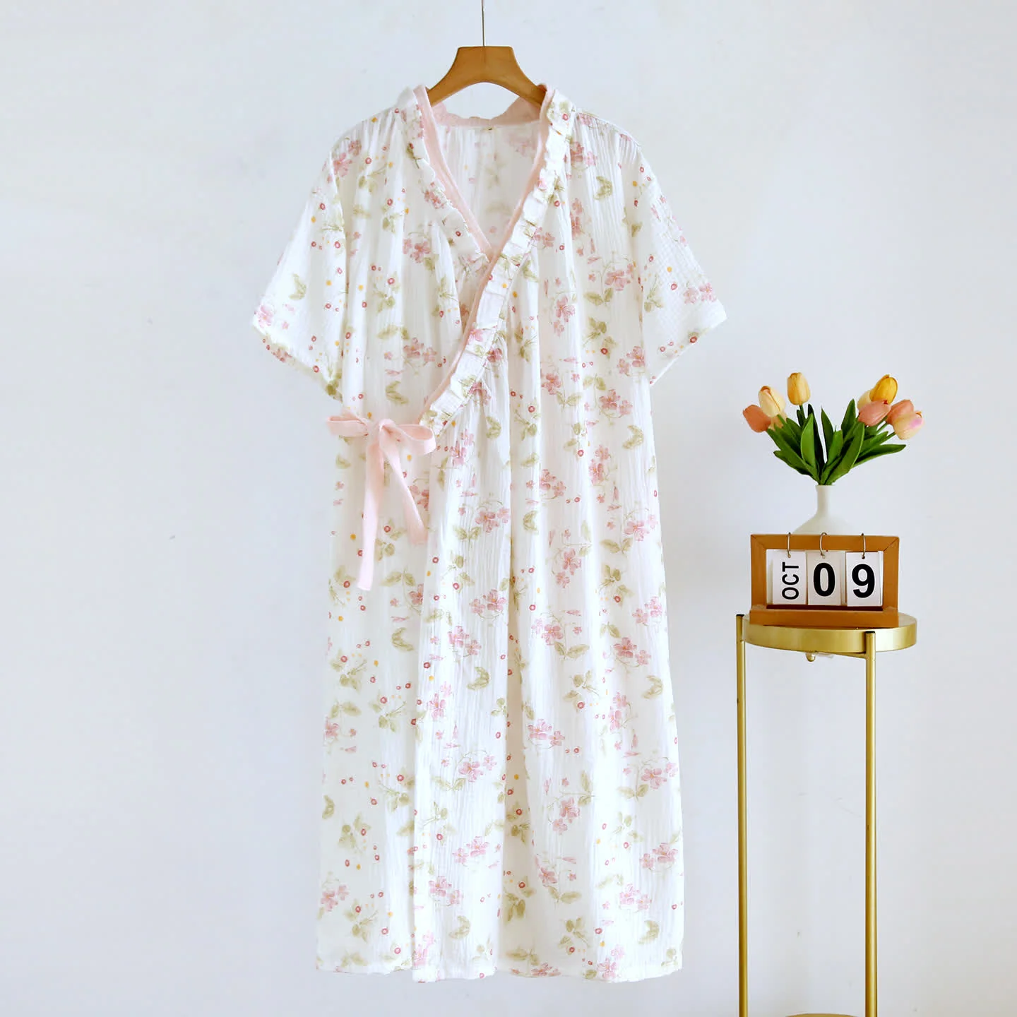 Exclusive Ownkoti Floral Cotton Gauze Ruffle Kimono Nightgown Selected