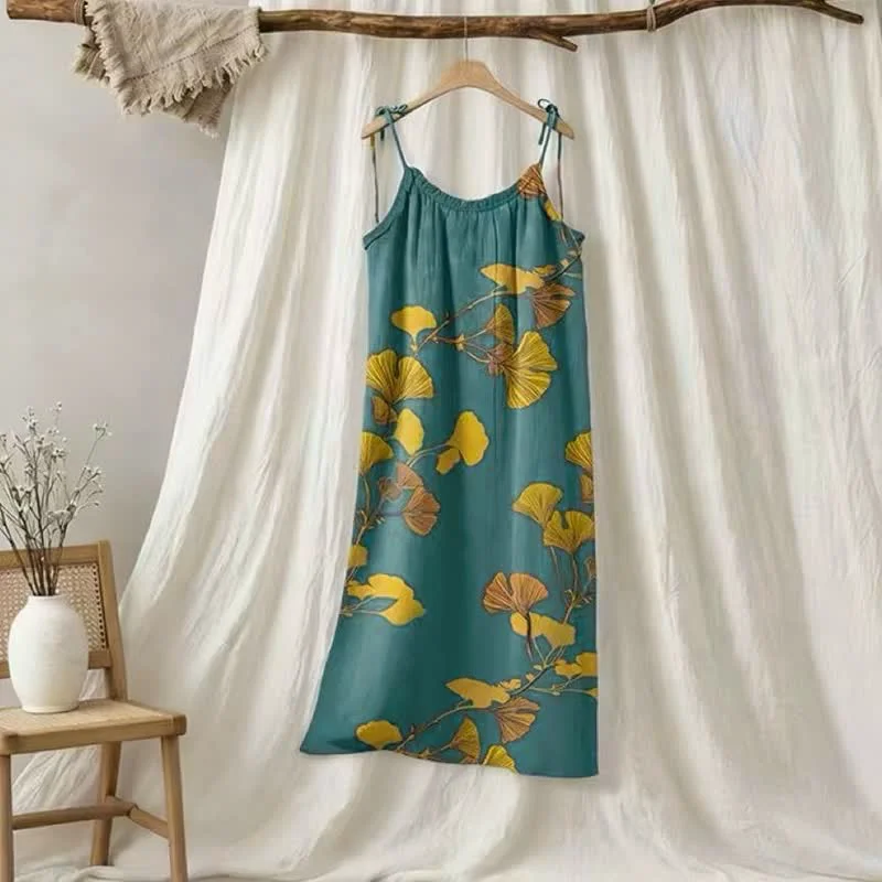 Lightweight Ownkoti Ginkgo Leaf Tie Strap Maxi NightDress Trusted