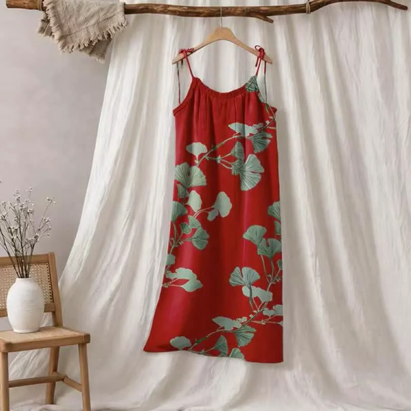 Soft Ownkoti Ginkgo Leaf Tie Strap Maxi Nightgown Convenient