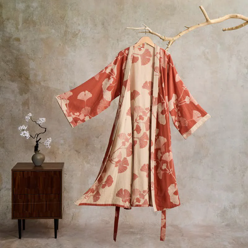 High-Quality Ownkoti Ginkgo Leaf Cotton Gauze Kimono Robe Fast
