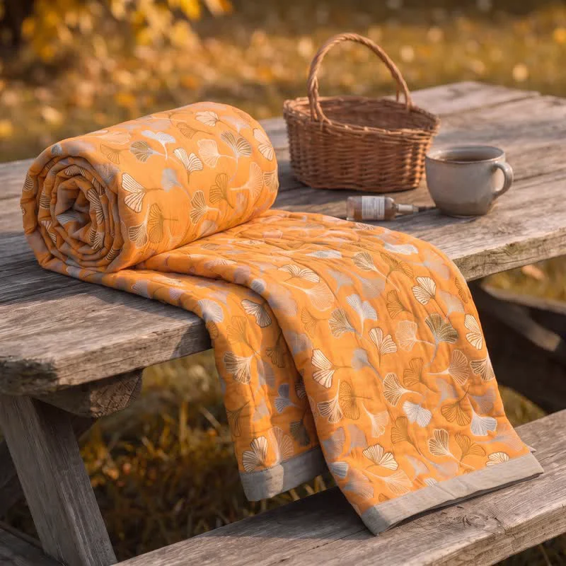 Modern Ownkoti Golden Ginkgo Reversible Cotton Blanket Proven