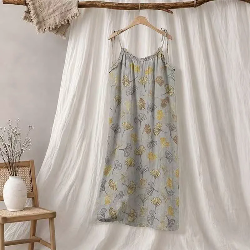 Casual Ownkoti Ginkgo Leaf Tie Strap Lounge NightDress Classic