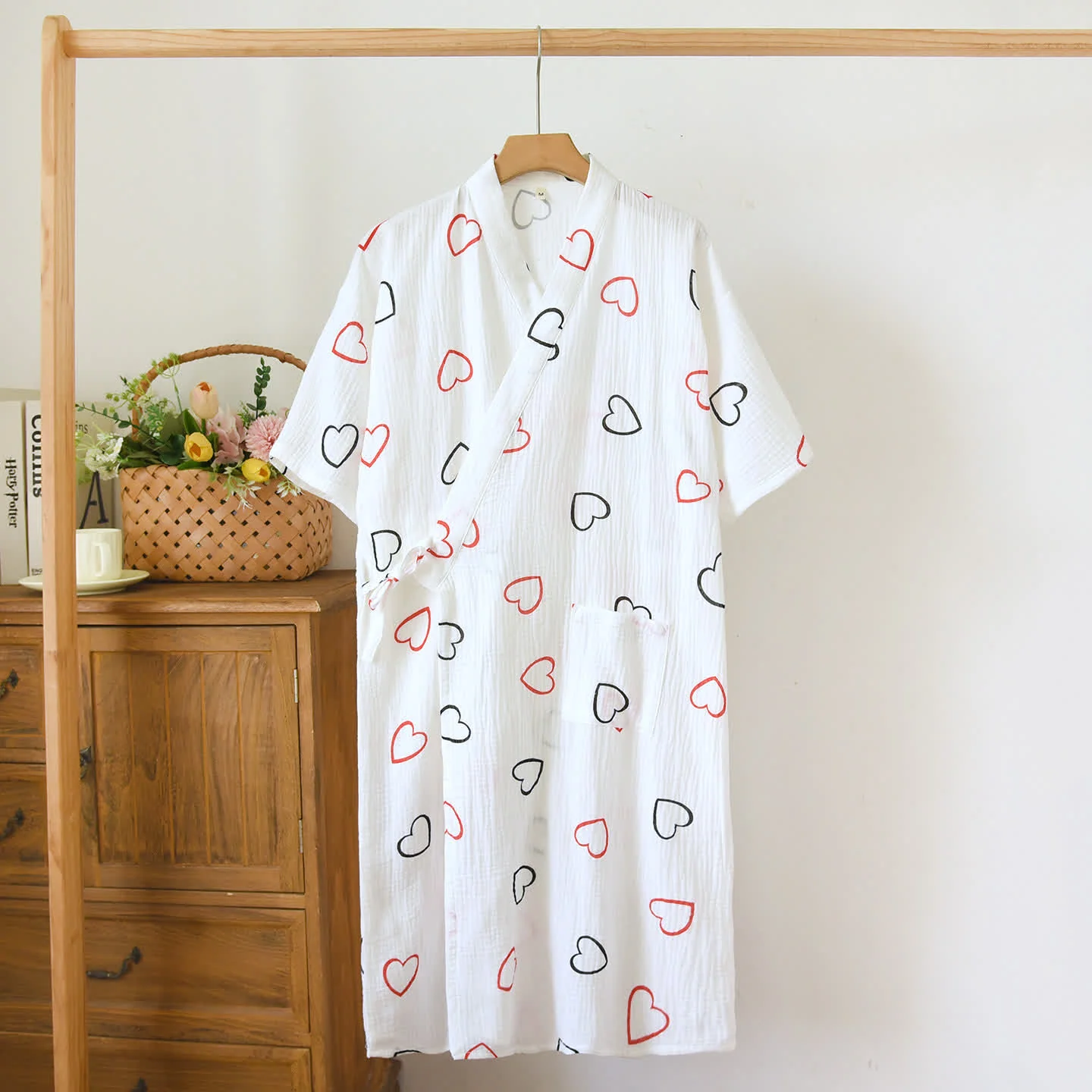 Environmentally Friendly Ownkoti Heart Print Muslin Kimono Lounge Robe Easy-to-Use