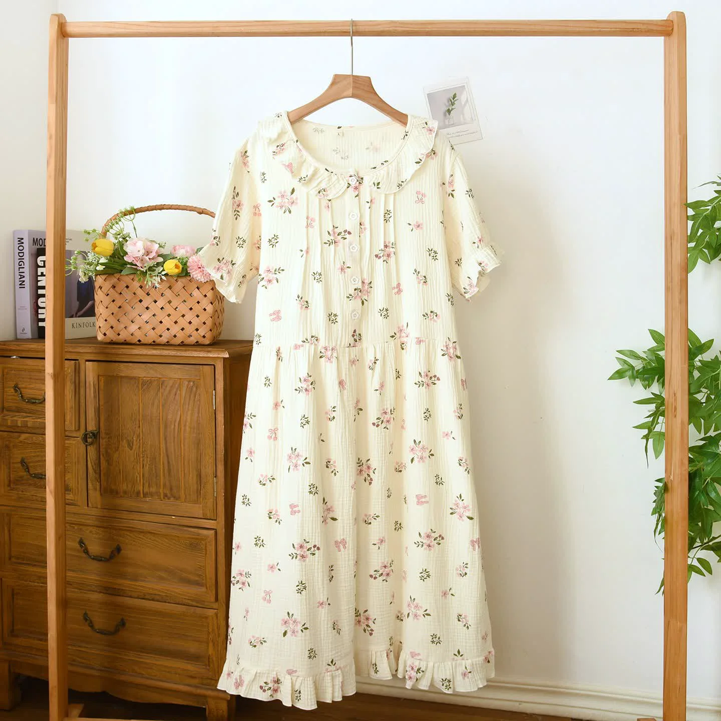 Natural Ownkoti Cottagecore Ruffled Cotton Muslin Nightgown Flexible