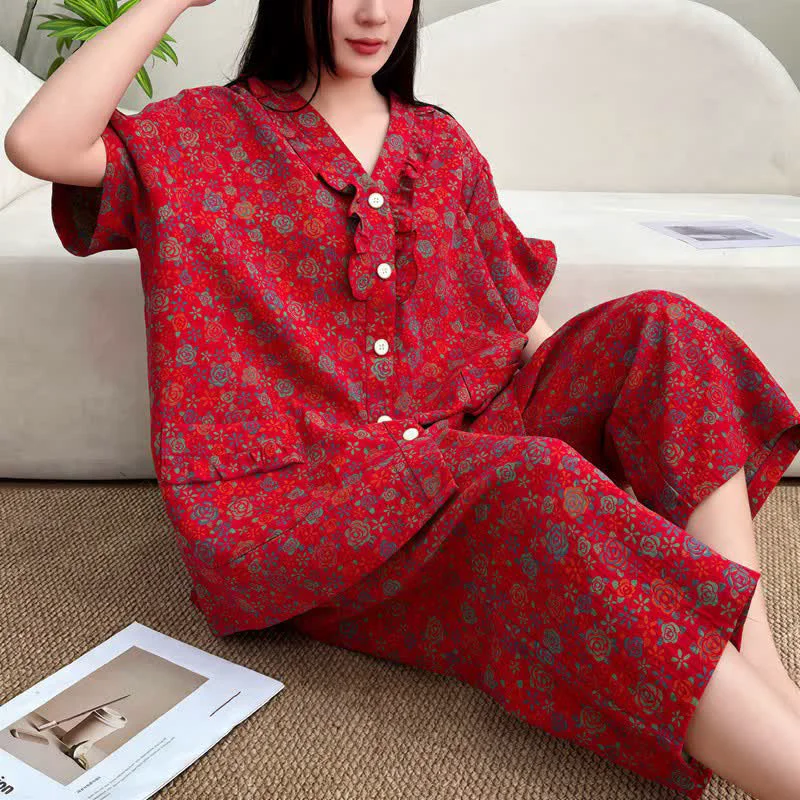 Genuine Ownkoti Plus Size Ruffle Trim Cropped Capri Loungewear Set Enhanced