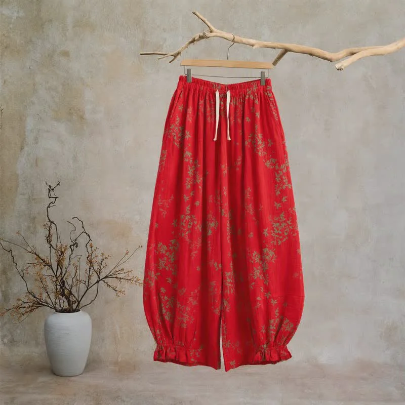 Convenient Ownkoti Red Floral Cotton Loungewear Pants Next-Generation