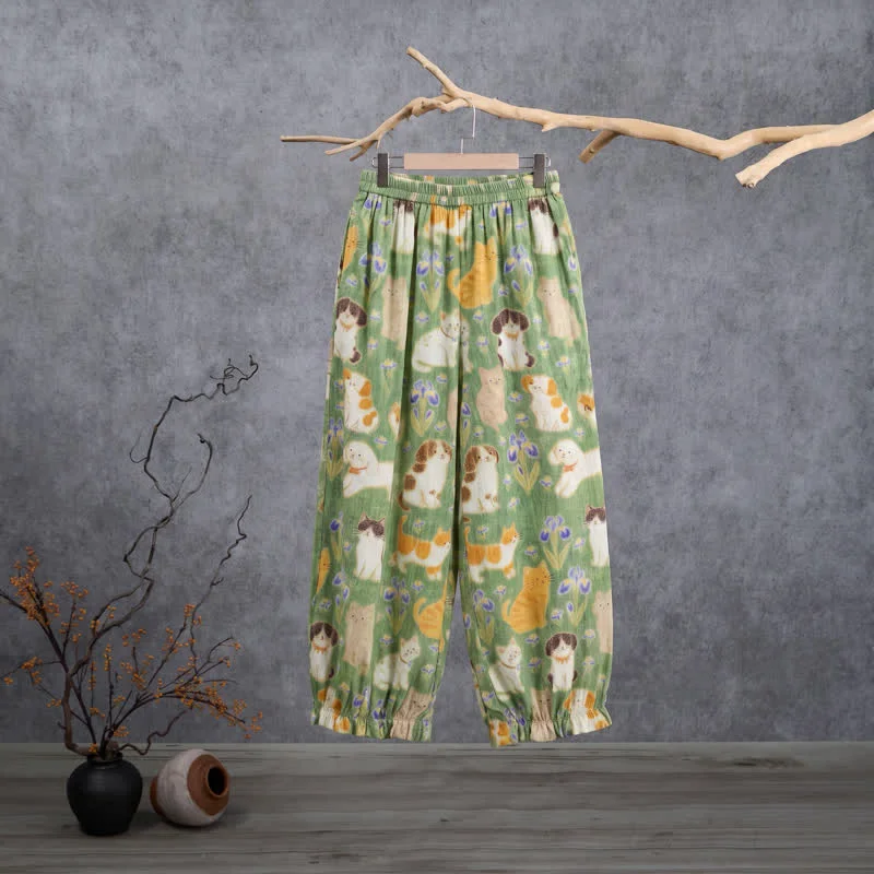 Solid Ownkoti Green Cat Print Harem Loungewear Pants Fine